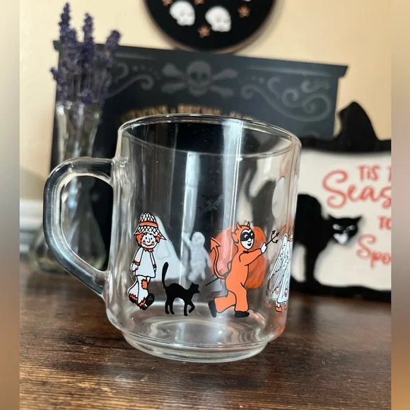 70’s Luminarc Vintage Glass Halloween Mug Trick or Treat Witch Ghost Devil Angel - Picture 1 of 3
